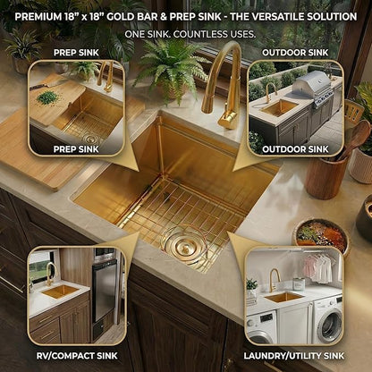 Kitsitchen Gold Bar Sink Undermount,18 Inch Small Bar & Prep Sinks,16 Gauge Stainless Steel Bar Sink with Workstation for Wet Bar Area(18" X 18" X 10")