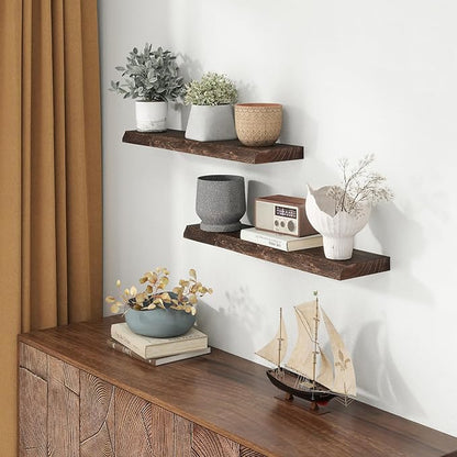 30 Inch Floating Shelves for Wall, Solid Elm Wood Live Edge Floating Shelves for Bedroom Living Room Bathroom, Wall Mounted Wooden Shelf with Invisible Bracket for Books Decor Storage, Walnut