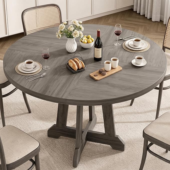 GarveeHome Round Dining Table for 4, 47 Inches Dining Room Table with Wooden Base, Kitchen Table with Circle Tabletop, Dinner Table for Dining Room, Kitchen, Living Room, Grey