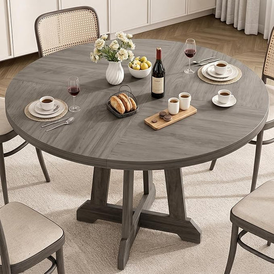 GarveeHome Round Dining Table for 4, 47 Inches Dining Room Table with Wooden Base, Kitchen Table with Circle Tabletop, Dinner Table for Dining Room, Kitchen, Living Room, Grey