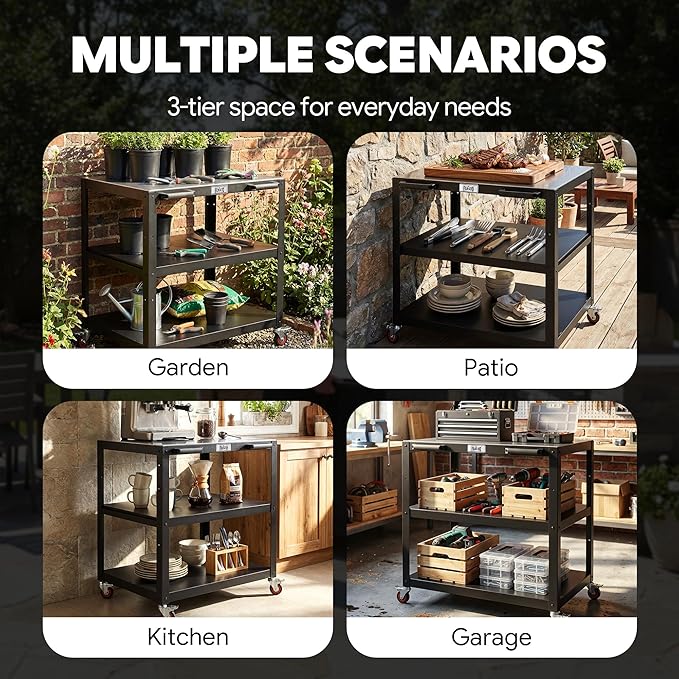 Feasto 36''x 24'' Heavy-Duty Outdoor Pizza Oven Table, 304 Stainless Steel Grill Table with Lockable Wheels for Pizza Ovens & Griddles, 3-Shelf Prep Table for Deck, Patio BBQ & Parties