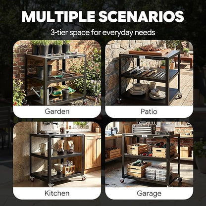 Feasto 36''x 24'' Heavy-Duty Outdoor Pizza Oven Table, 304 Stainless Steel Grill Table with Lockable Wheels for Pizza Ovens & Griddles, 3-Shelf Prep Table for Deck, Patio BBQ & Parties