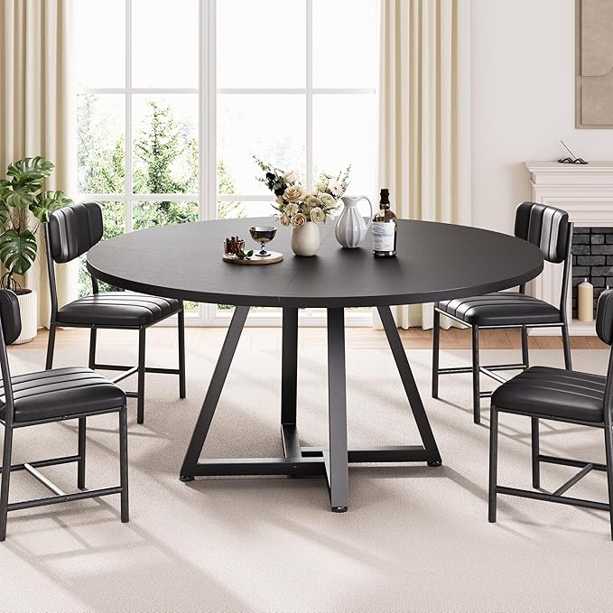 Jocoevol 51“ Round Kitchen Dining Room Table for 6-8, Circle Dining Dinner Table with Pedestal Metal Frame, Space Saving Wood Industrial Furniture for Small Space (Black, 51In)