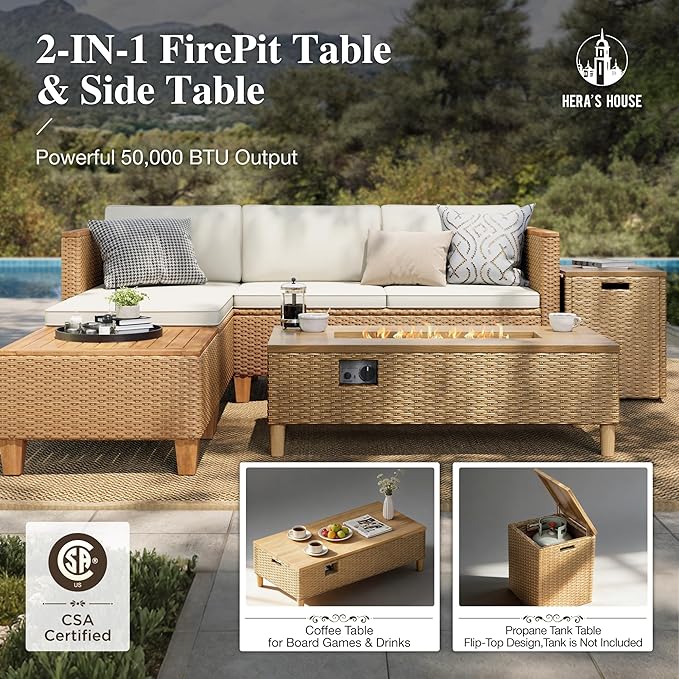 HERA'S HOUSE Patio Furniture Set with Fire Pit Table, 8 Pieces 6 Seats Wicker Outdoor Sectional Sets,Yellow Rattan Conversation Set with Sofa and Table for Backyard, l Shape Balcony Couch