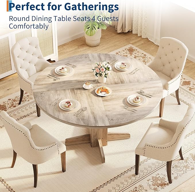 IDEALHOUSE Round Dining Table for 4-6 People, 47" Wood Kitchen Table with Sturdy Pedestal Base, Farmhouse Circle Dinner Tables for Dining Room, Living Room, Apartment, Grey