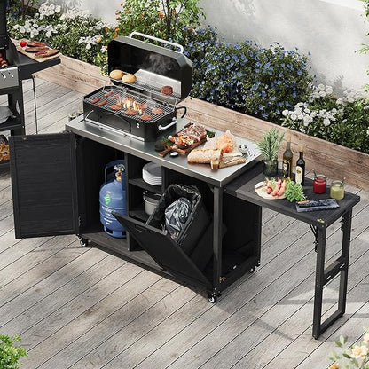 78.3" Outdoor Kitchen Island with Foldable Grill Table & Storage, Wooden Cart with Stainless Steel Top, Trash Can Holder, Bar Cart for Patio Lawn Garden (78.3‘’+Black)