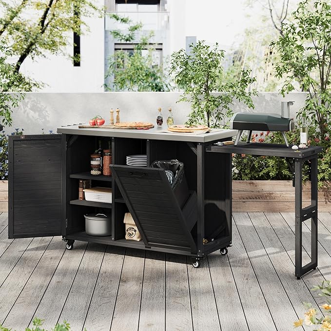 78.3" Outdoor Kitchen Island with Foldable Grill Table & Storage, Wooden Cart with Stainless Steel Top, Trash Can Holder, Bar Cart for Patio Lawn Garden (78.3‘’+Black)