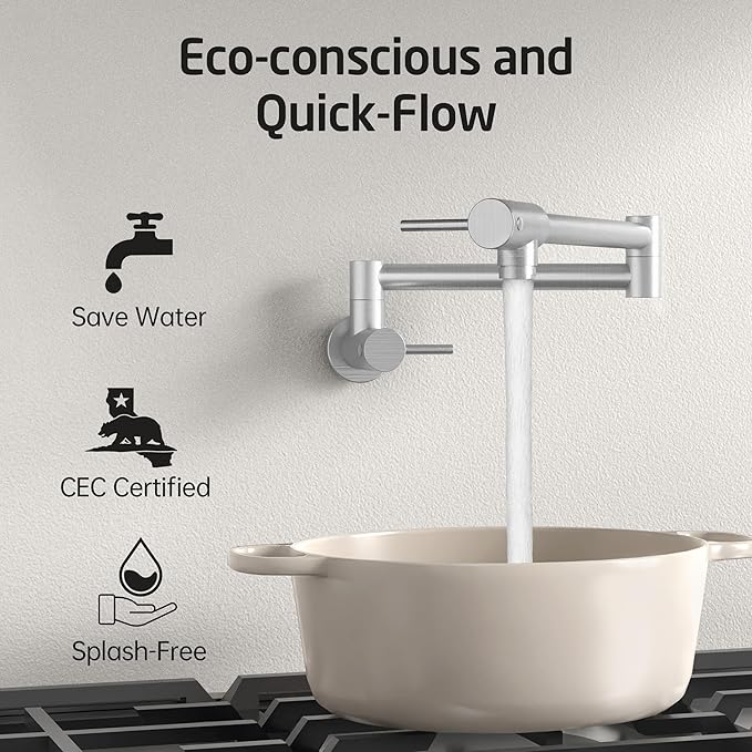 KES Kitchen Pot Filler Folding Faucet Brass Double Joint Swing Arm Sink Faucet Articulating Wall Mount Two Handle Brushed Nickel, KN926LFF18-BN