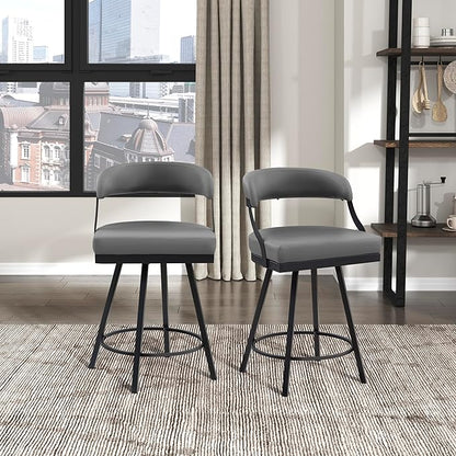 Lexicon Swivel Counter Height Stools Set of 2 - Counter Height Stools for Kitchen Island, Padded Seat, Open Back, Sturdy Black Metal Frame Finish and Grey Faux Leather Cushion Seat, Grey