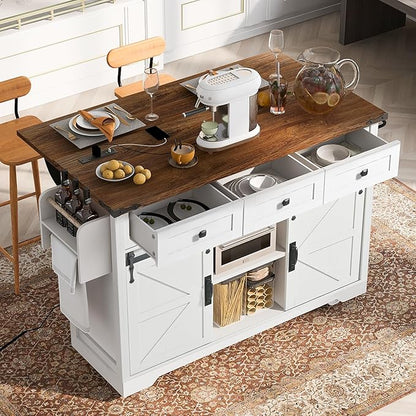 RUNNA Farmhouse Kitchen Island with Power Outlet, 2 Sliding Barn Door Kitchen Storage Island with Drop Leaf, Spice Rack Rolling Kitchen Cart on Wheels, for Home, Kitchen and Dining Room (White~47)