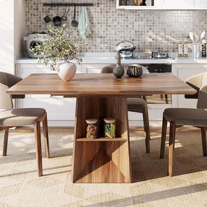 40"-54" Square Extendable Dining Table for 4/6/8, Modern Kitchen Table with Storage Shelf & Foot Support, Wood Dining Table for Living Room, Kitchen, Space Saving, Walnut