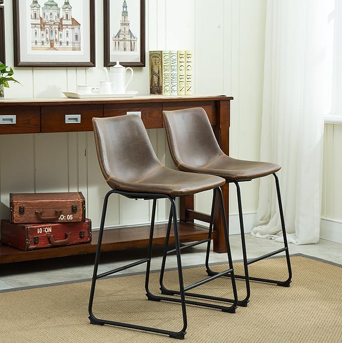 Modern Dining Chairs,Vintage PU Leather Counter Height Stools, Set of 2, Industrial Metal Frame Bar Stools for Kitchen Island,Comfortable & Durable,Everyday Use In Contemporary Settings,Brown-FauxLeat