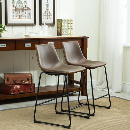 Modern Dining Chairs,Vintage PU Leather Counter Height Stools, Set of 2, Industrial Metal Frame Bar Stools for Kitchen Island,Comfortable & Durable,Everyday Use In Contemporary Settings,Brown-FauxLeat