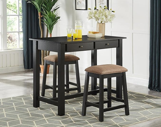 GTU Furniture 3-Piece Black Counter High Bar Set Includes Drawer Table and Two Backless Barstools with Frbaic Seat
