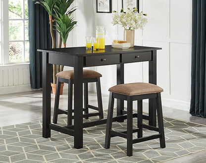 GTU Furniture 3-Piece Black Counter High Bar Set Includes Drawer Table and Two Backless Barstools with Frbaic Seat