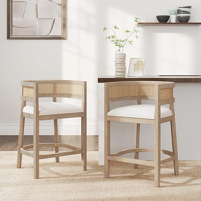 Set of 2 Upholstered Arm Counter Stools with Solid Rubberwood Frame & Natural Rattan Caned Back,Soft Padded Seating,Transitional Farmhouse Chairs for Kitchen Island Dining Room,25.5" H Natural Ash