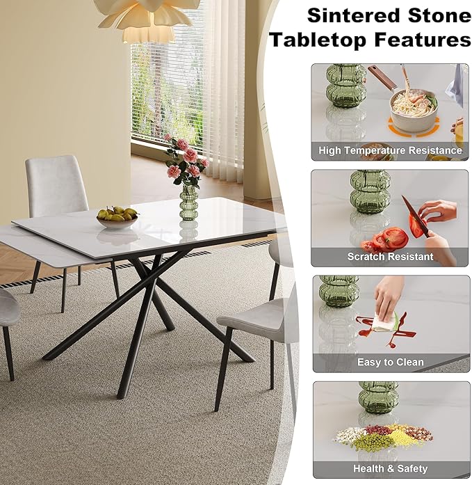 Runboll Extendable Rectangular Dining Table Set for 8, 47"-71" Modern Sintered Stone Kitchen Table with 8 Chairs and Carbon Steel Legs for Dining Room Family Gathering