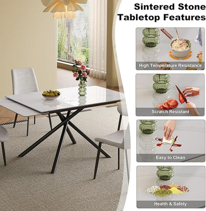 Runboll 47"-71" Extendable Sintered Stone Dining Table for 4 to 8, Modern Rectangular Kitchen Table with Carbon Steel Legs for Dining Room Family Gathering