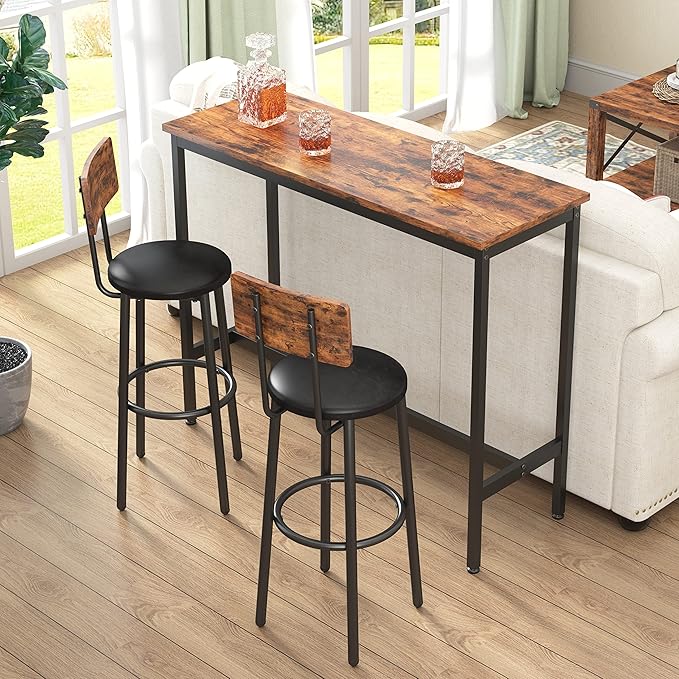 Bar Table Set for 2 with 2 PU Upholstered Stools, Pub Bistro Dinning Table and Stools with Backrest, Counter Height Bar Table Set for Apartment, Kitchen, Small Space