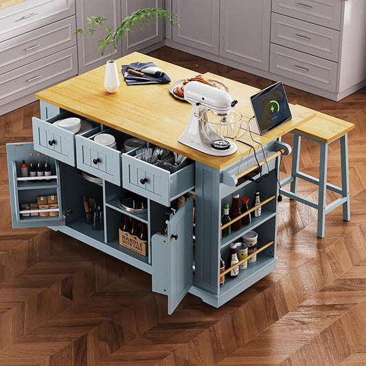 LUMISOL 53” Large Kitchen Island with Drop Leaf and Power Outlet, Rolling Kitchen Cart with Wheels, Door Internal Storage Rack and 5 Open Side Racks, Not Included Stools, Grey Blue