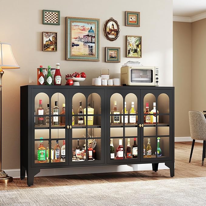 Foreate Sideboard Buffet Cabinet with Glass Door & LED Light, 53.2" Large Buffet Cabinet with Storage & Adjustable Shelf, Farmhouse Sideboard Credenzas Metal Kitchen Buffet, Black