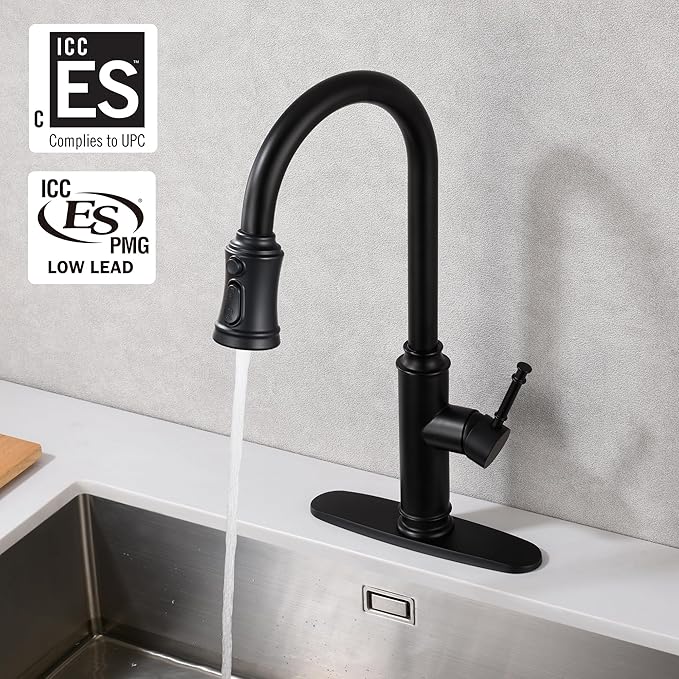 SUMERAIN Stainless Steel Matte Black Kitchen Sink Faucets with Pull Down Sprayer and 10" Deck Plate Single Lever