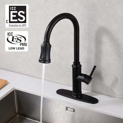 SUMERAIN Stainless Steel Matte Black Kitchen Sink Faucets with Pull Down Sprayer and 10" Deck Plate Single Lever