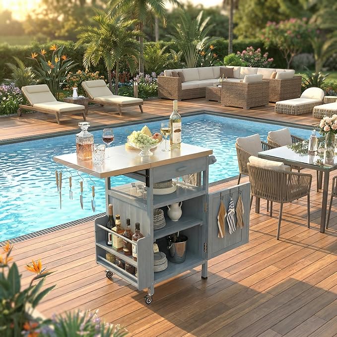 Casaphoria 40.5" Outdoor BBQ Grill Cart, Stainless Steel Top Rolling Outdoor Kitchen Cart Flip Board, Fir Wood Bar Carts with Towel Holder, Lockable Wheels for Patio Lawn Garden,Blue