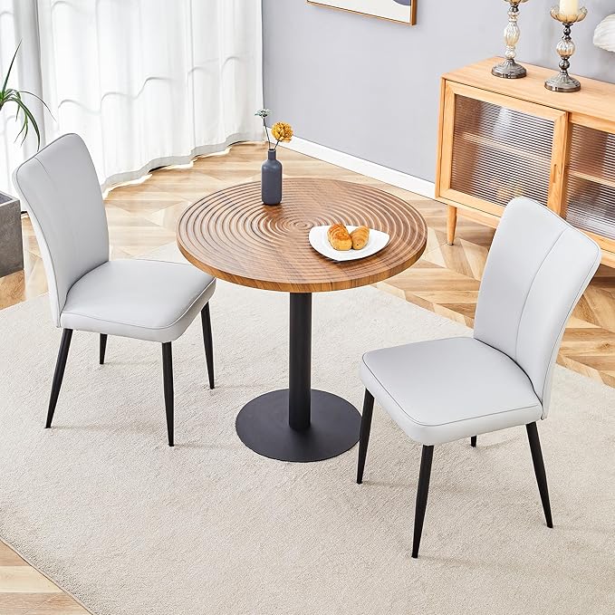 Round Dining Table Set with 2 Light Gray PU Chairs, 31.5 Inch Dark Wood Grain Table with Suction Molding Annular Texture and Vertical Stripe Design, Versatile for Home and Office Use