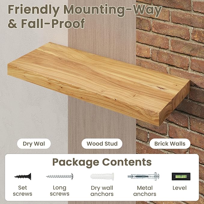 Fun Memories Solid Elm Wood Floating Shelves Set of 1-40 Inch Rustic Wall Shelves with Heavy-Duty Invisible Brackets - for Living Room, Kitchen, Bedroom, Bathroom - Natural Finish