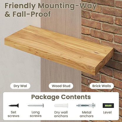 Fun Memories Solid Elm Wood Floating Shelves Set of 1-48 Inch Rustic Wall Shelves with Heavy-Duty Invisible Brackets - for Living Room, Kitchen, Bedroom, Bathroom - Natural Finish