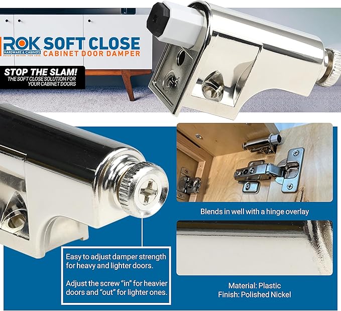 10 Pack Rok Hardware Soft Close Damper for Cabinet Doors/Compact/SoftClose Cabinet Adapter/Hardware/Hinge Polished Nickel Finish, SCD103