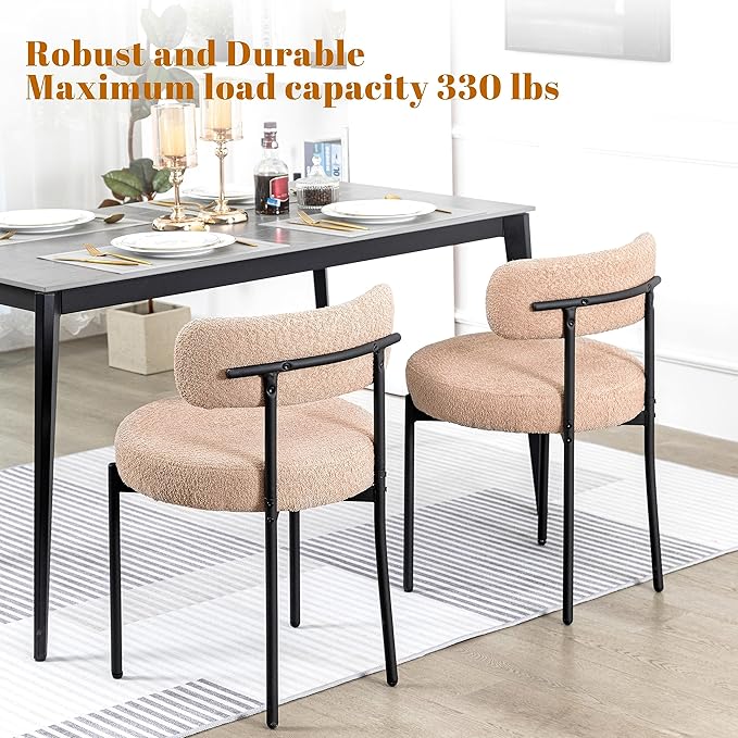 DYHOME Boucle Dining Chairs Set of 4, Upholstered Kitchen Dining Room Chairs, Side Chairs with Thick Cushions and Metal Legs for Kitchen Living Room, Camel Color