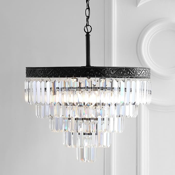JONATHAN Y 20" Bronze/Clear 4-Light LED Chandelier, Modern Tiered Pendant Light Fixture for Dining Room, Bedroom, Entryway with Clear Faceted Crystal Shade (JYL9007B)