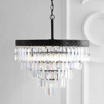 JONATHAN Y 20" Bronze/Clear 4-Light LED Chandelier, Modern Tiered Pendant Light Fixture for Dining Room, Bedroom, Entryway with Clear Faceted Crystal Shade (JYL9007B)