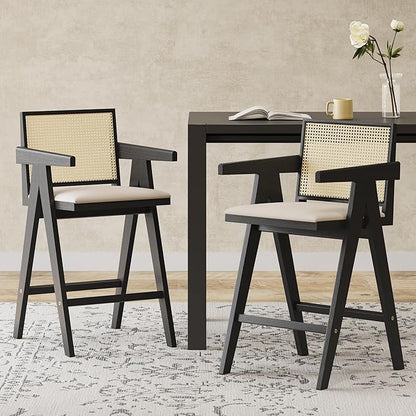 Modern Dining Chairs,Sturdy Rubberwood Frame with Woven Cane Backrest,Set of 2,Stylish Simple Natural Design,Applicable To Front Porch,Outdoor Lounge,Kitchen Island Bar Stools,Versatile Use,BlackNatur