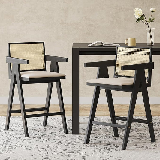Modern Dining Chairs,Sturdy Rubberwood Frame with Woven Cane Backrest,Set of 2,Stylish Simple Natural Design,Applicable To Front Porch,Outdoor Lounge,Kitchen Island Bar Stools,Versatile Use,BlackNatur