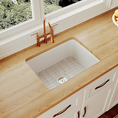 DeerValley Farmhouse Kitchen Sink 24 inch, White Fireclay Undermount Farm Sinks, Single Bowl Deep Drop-in Undermount Sink with Grid & Basket Strainer, Easy to Clean