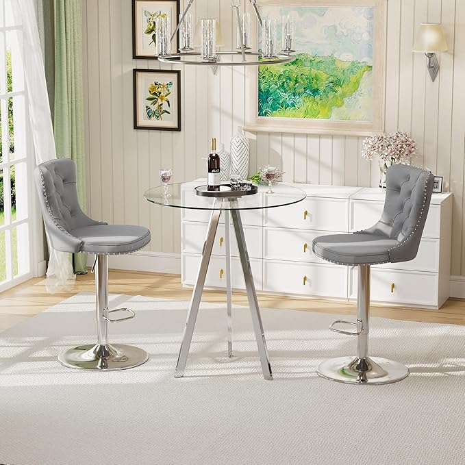 3 PCS Round Glass High Top Bar Table Set, Rustic Swivel Bar Stools Island Chair, Small Circle Pub Table & 2 Adjustable Velvet Counter Stools with Back (Silver Metal Leg, Clear Top + Grey Chair)