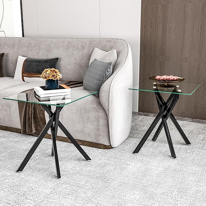 Square Side Table with X-Shaped Chrome Metal Base, Tempered Glass End Tables Small End Table, Living Room Sofa Couch Side Table, Modern Bedsde Tables Bedroom Night Stand, Black Nightstand