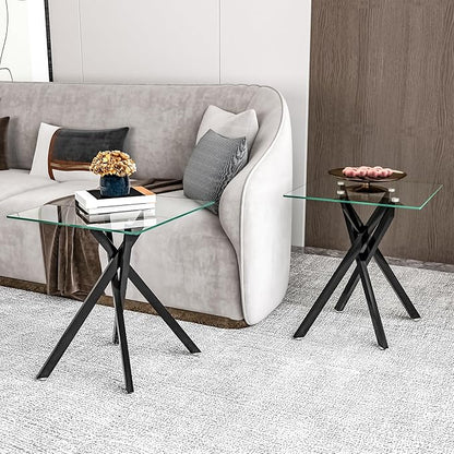 Square Side Table with X-Shaped Chrome Metal Base, Tempered Glass End Tables Small End Table, Living Room Sofa Couch Side Table, Modern Bedsde Tables Bedroom Night Stand, Black Nightstand