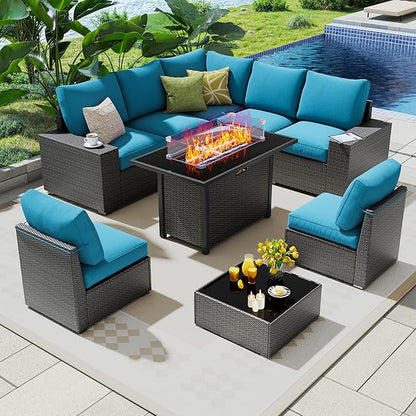9 Piece Outdoor Patio Furniture Set with 43'' Fire Pit Table, Outdoor Sectional Furniture, Rattan & Wicker Modern Modular Conversation Set Sofa Couch W/Water Resistant Thick Cushions, Peacockblue