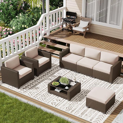 LOUVIXA 7 Piece Outdoor Patio Furniture Set, Rattan Chairs Glass Table Wicker Conversation Seating Sectional Sofa with Cushions (Brown-Beige, 7Pcs-2 Layer Coffee Table)