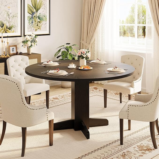 Garvee Round Dining Room Table for 4-6, 47" Wood Kitchen Table with Sturdy Pedestal Base, Farmhouse Circle Dinner Tables for Living Room, Apartment, Black