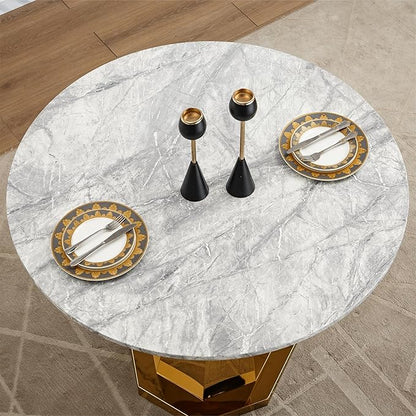 47" Round Marble Dining Table for 4-6, Luxury Modern Kitchen Table with Marble Grain MDF Tabletop & Gold Mirrored Stainless Steel Pedestal Base, Grey Stone Dinner Table for Dining Room (Table Only)