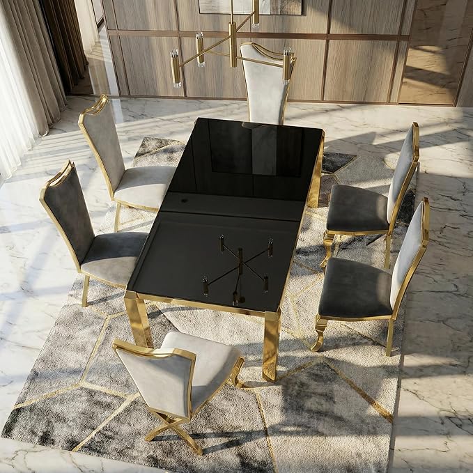 63 Inch Luxury Gold Dining Table for 4-6 People, 10mm Thick Rectangular Black Tempered Glass Top with Stainless Steel Base, Modern Kitchen Table for Dining Room