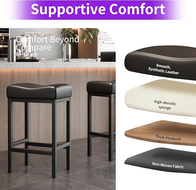 Monhey 24 Inch Bar Stools Set of 2 - Counter Height Bar Stools with Soft Leather Seat, 300LB Heavy Duty Backless Padded Barstool Chair Easy Assembly for Modern Kitchen Island Counter (Black)