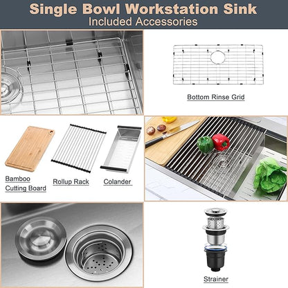 Herogo 33 X 22 Workstation Kitchen Sink, 10" Deep Drop In 18/10 Stainless Steel Topmount Single Bowl 2-Hole R10 Tight Radius Large Kitchen Sinks with Kit of 5 Accessories