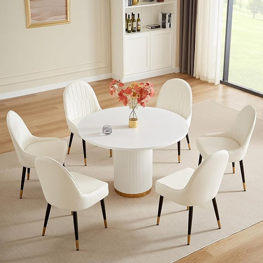 Round Dining Table Set for 6, 46.46" Modern Farmhouse Dining Table and 4 Leather Dining Chair, Circle Kitchen Tables with Wood & Gold Stainless Steel Base for Living Room, Kitchen,White