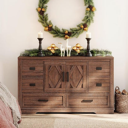 WAMPAT 54" W Large Sideboard Buffet Cabinet with Storage,Wood Farmhouse Sideboard Table with Barn Doors and Drawers for Kitchen,Dining Room,Coffee Bar,Dark Brown